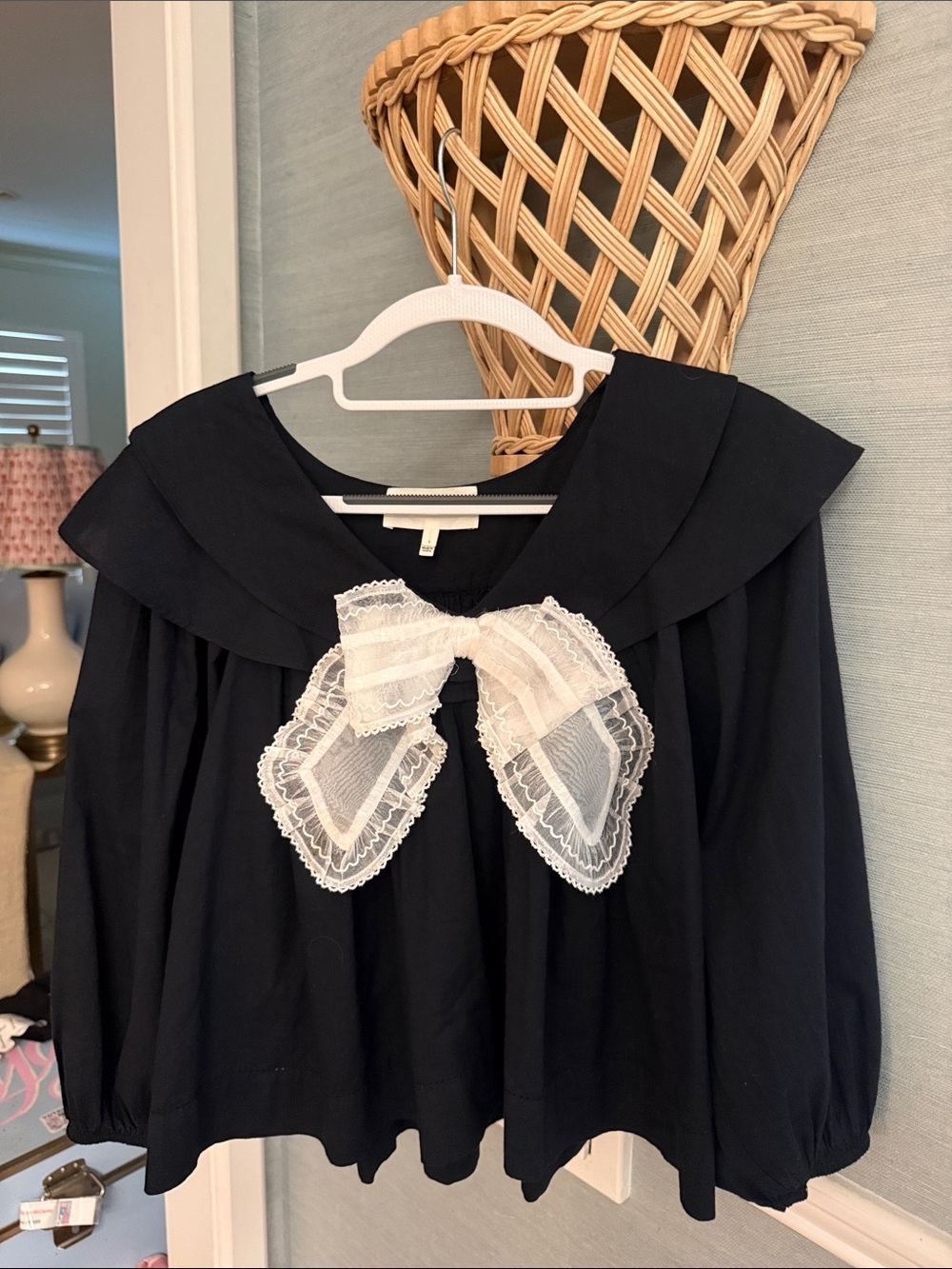 THE GREAT. Navy Top with White Lace Bow Collar